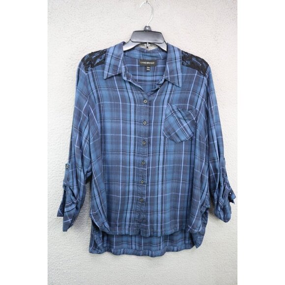 Lane Bryant Long Roll Tabbed Sleeve Button Up Plaid Top-Lace-Size 18/20 - Picture 1 of 13